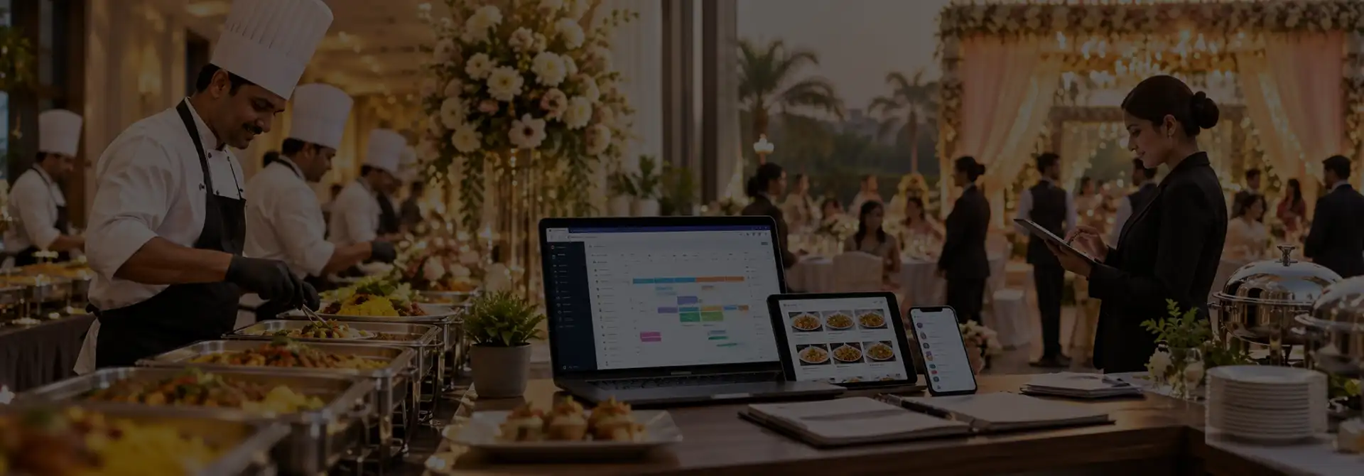 Catering buffet with serving dishes and flowers